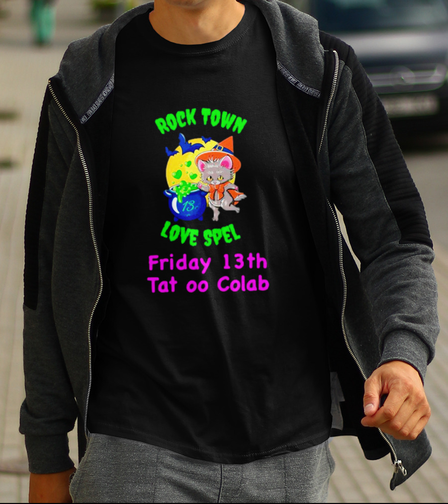 Rock Town Love Spell Friday 13th Tattoo Collab Cat Pumpkin Moon T-Shirt
