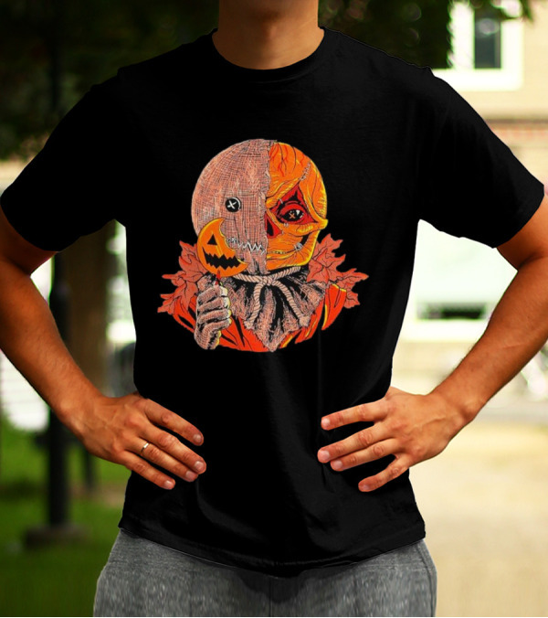 Horrors Of Halloween Trick R Treat Pumpkin Skull Mask T-Shirt