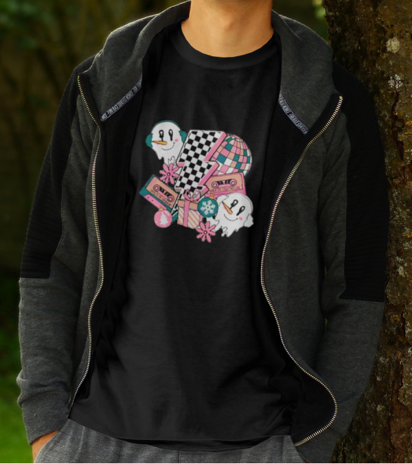 Christmas Lightning Bolt Snowman Retro Ghost Disco Cassette T-Shirt