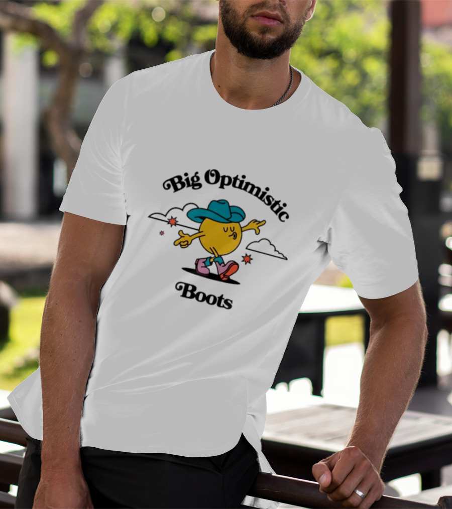 Big Optimistic Boots Cheerful Character With Blue Hat And Pink Shoes T-Shirt