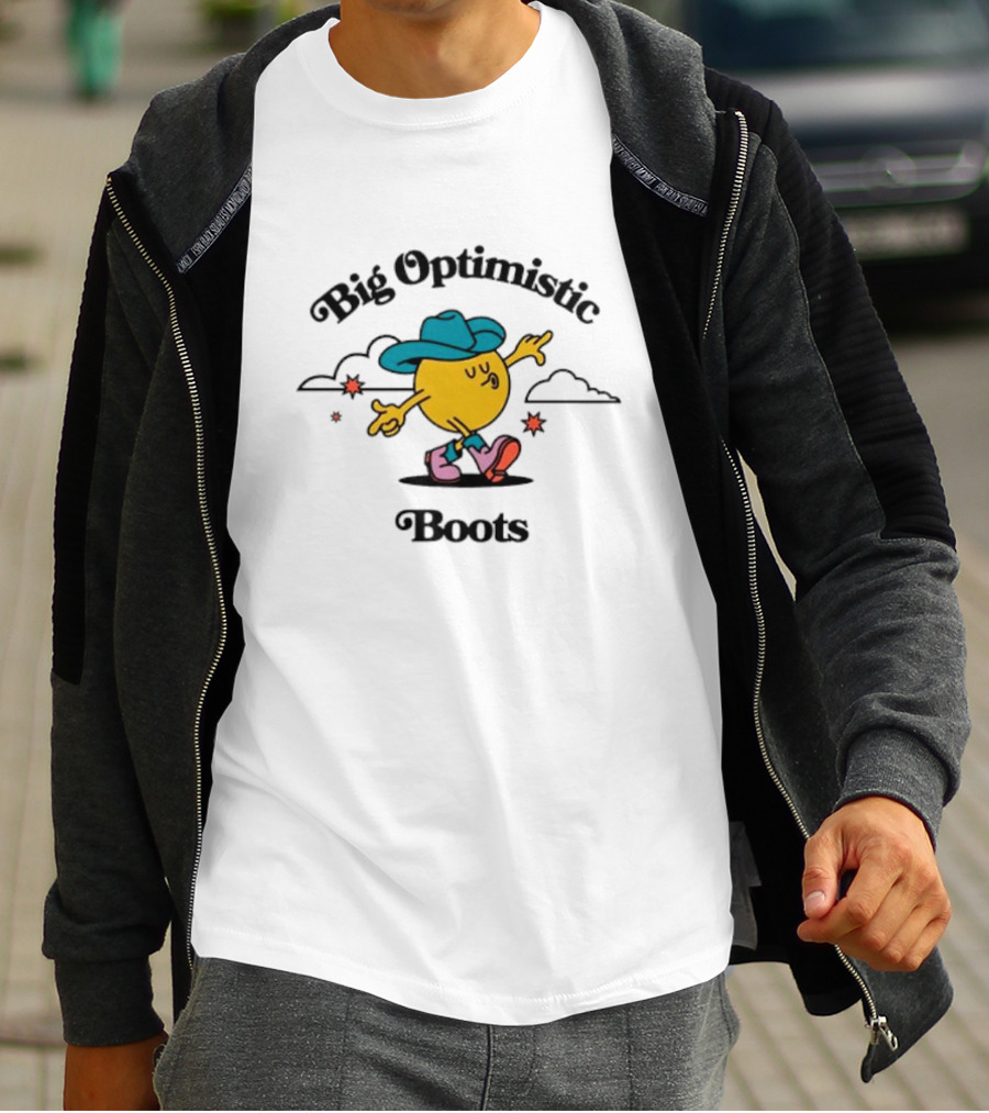 Big Optimistic Boots Cheerful Character With Blue Hat And Pink Shoes T-Shirt