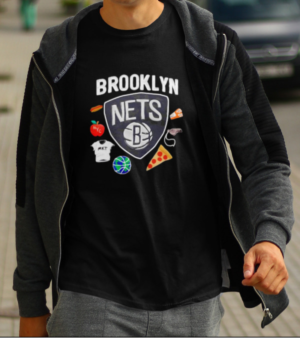 Brooklyn Nets NBA Claymation NYC Basketball Pizza Hot Dog Apple Icons T-Shirt