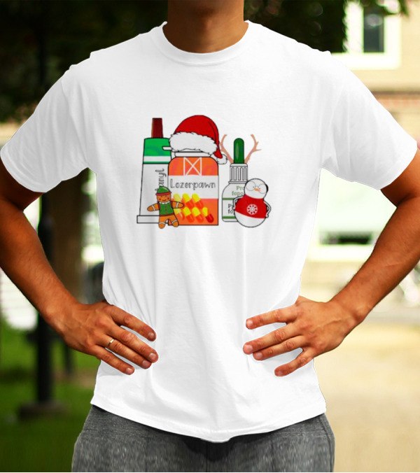 Christmas Pharmacy Technician Santa Hat Pill Bottles Gingerbread Snowman T-Shirt