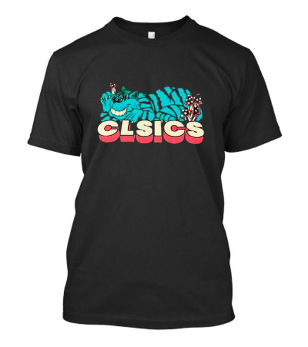 CLSICS Smiling Blue Striped Cat Fun Mushrooms T-Shirt