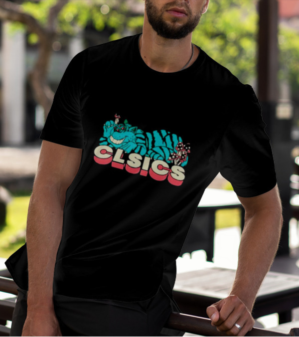 CLSICS Smiling Blue Striped Cat Fun Mushrooms T-Shirt