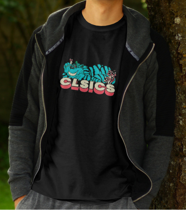 CLSICS Smiling Blue Striped Cat Fun Mushrooms T-Shirt