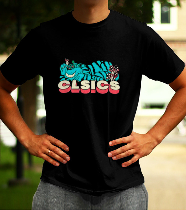 CLSICS Smiling Blue Striped Cat Fun Mushrooms T-Shirt