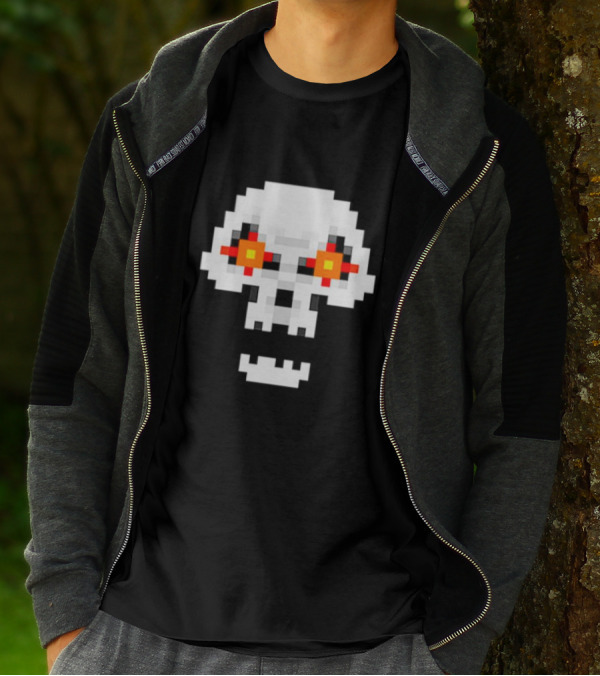 Crossing Skull Log Pixelated Gaming Skull With Red-Eyed Glare T-Shirt