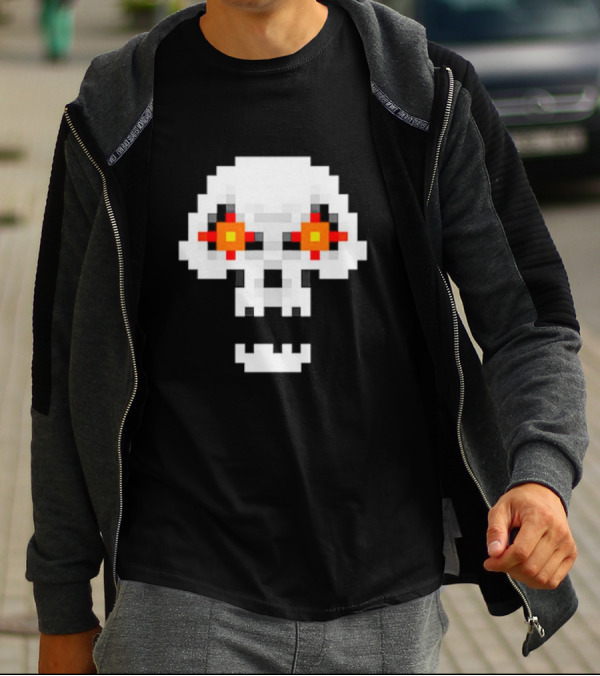 Crossing Skull Log Pixelated Gaming Skull With Red-Eyed Glare T-Shirt