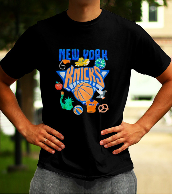 New York Knicks NBA Basketball Claymation NYC Statue Liberty Apple Pizza Taxi Pretzel Pigeon T-Shirt
