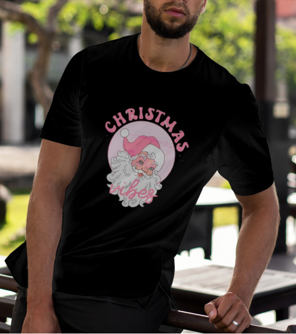 Christmas Vibes Santa Claus Pink Background T-Shirt