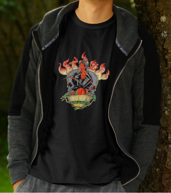 Devil Babe Racing In Flames With Japanese Text And Skull Elements T-Shirt