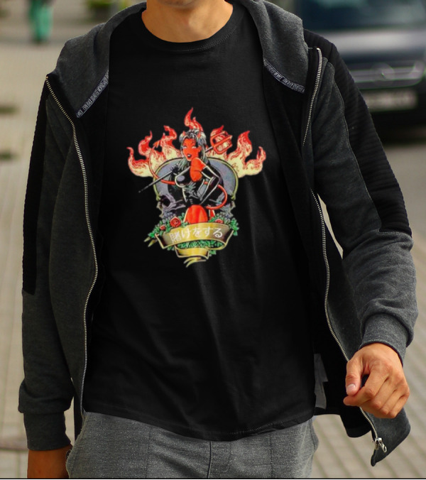Devil Babe Racing In Flames With Japanese Text And Skull Elements T-Shirt