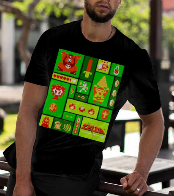 Legend Of Zelda Pixel Art Collage Retro Gaming Icons T-Shirt