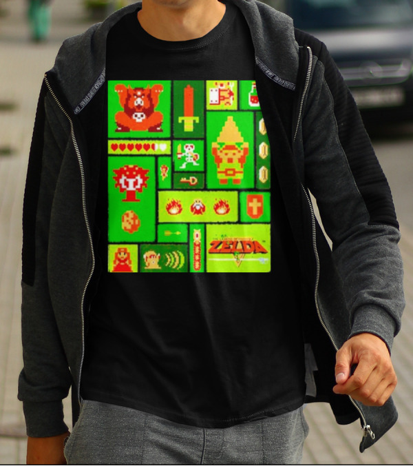 Legend Of Zelda Pixel Art Collage Retro Gaming Icons T-Shirt