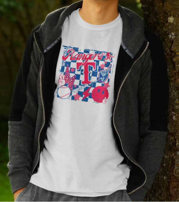 Rangers T Large Checkerboard Stars Baseball Smiley Lightning Peace T-Shirt