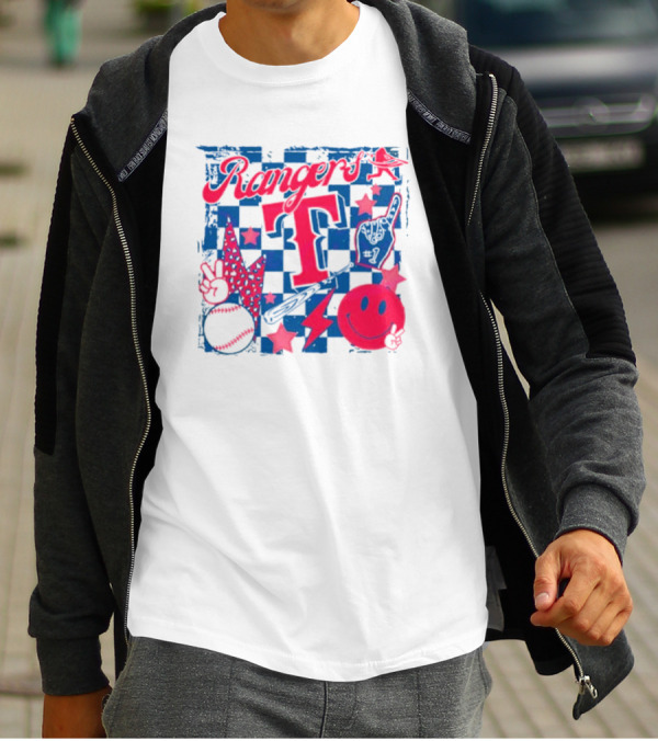 Rangers T Large Checkerboard Stars Baseball Smiley Lightning Peace T-Shirt