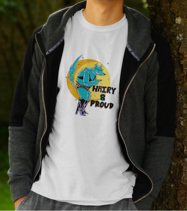 Wofl Hairy And Proud: Blue Wolf Character With Moon Background And Stars T-Shirt