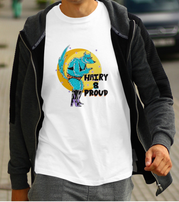 Wofl Hairy And Proud: Blue Wolf Character With Moon Background And Stars T-Shirt
