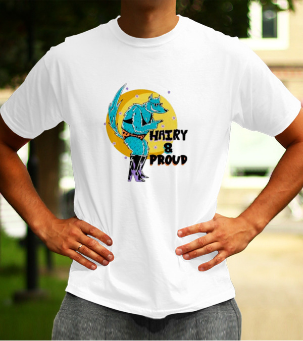Wofl Hairy And Proud: Blue Wolf Character With Moon Background And Stars T-Shirt