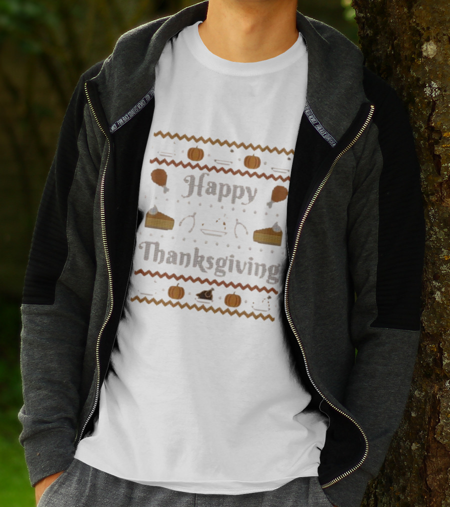 Happy Thanksgiving Pumpkin Pie Turkey Cross-Stitch T-Shirt
