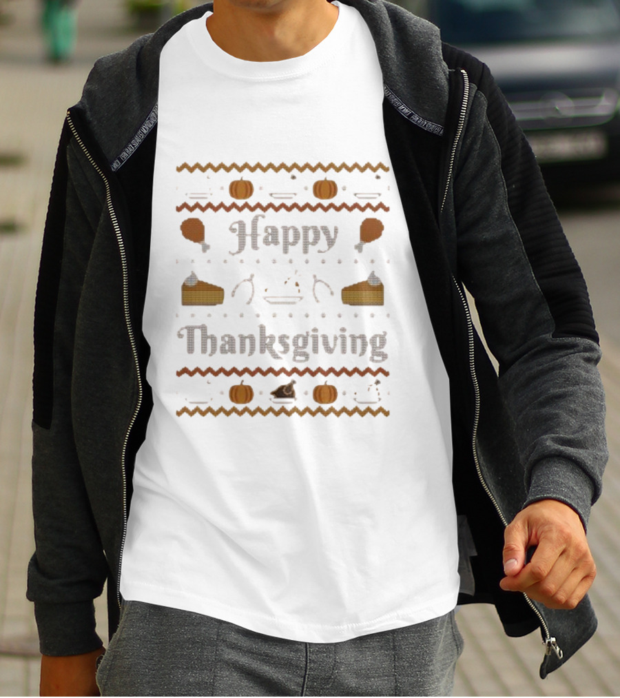 Happy Thanksgiving Pumpkin Pie Turkey Cross-Stitch T-Shirt
