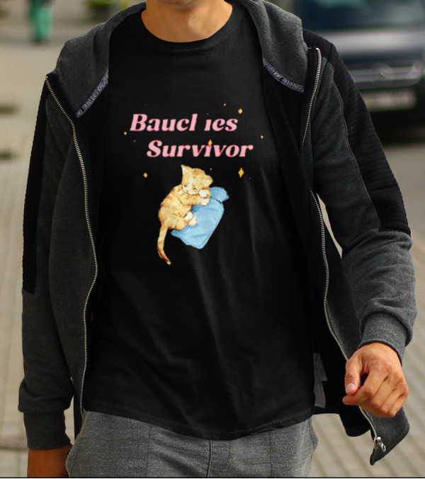 Bauchies Survivor Cat Kitten Holding Blue Blanket T-Shirt