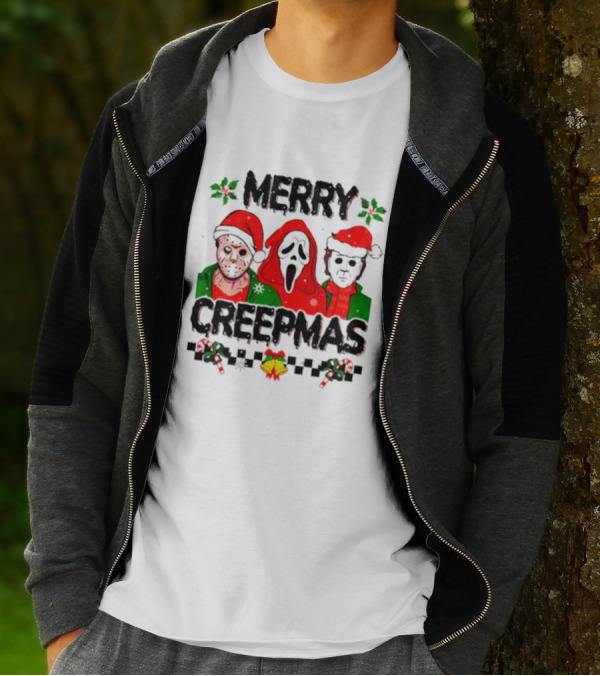 Merry Creepmas Horror Characters With Festive Scary Holiday T-Shirt