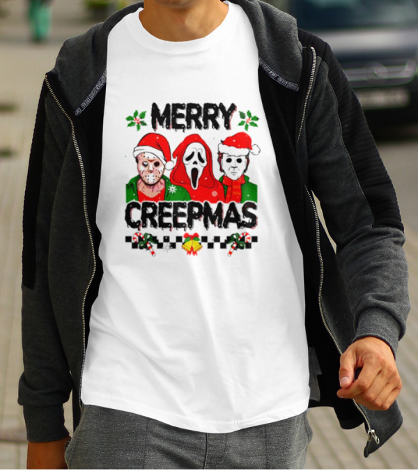 Merry Creepmas Horror Characters With Festive Scary Holiday T-Shirt