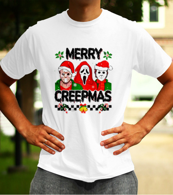 Merry Creepmas Horror Characters With Festive Scary Holiday T-Shirt
