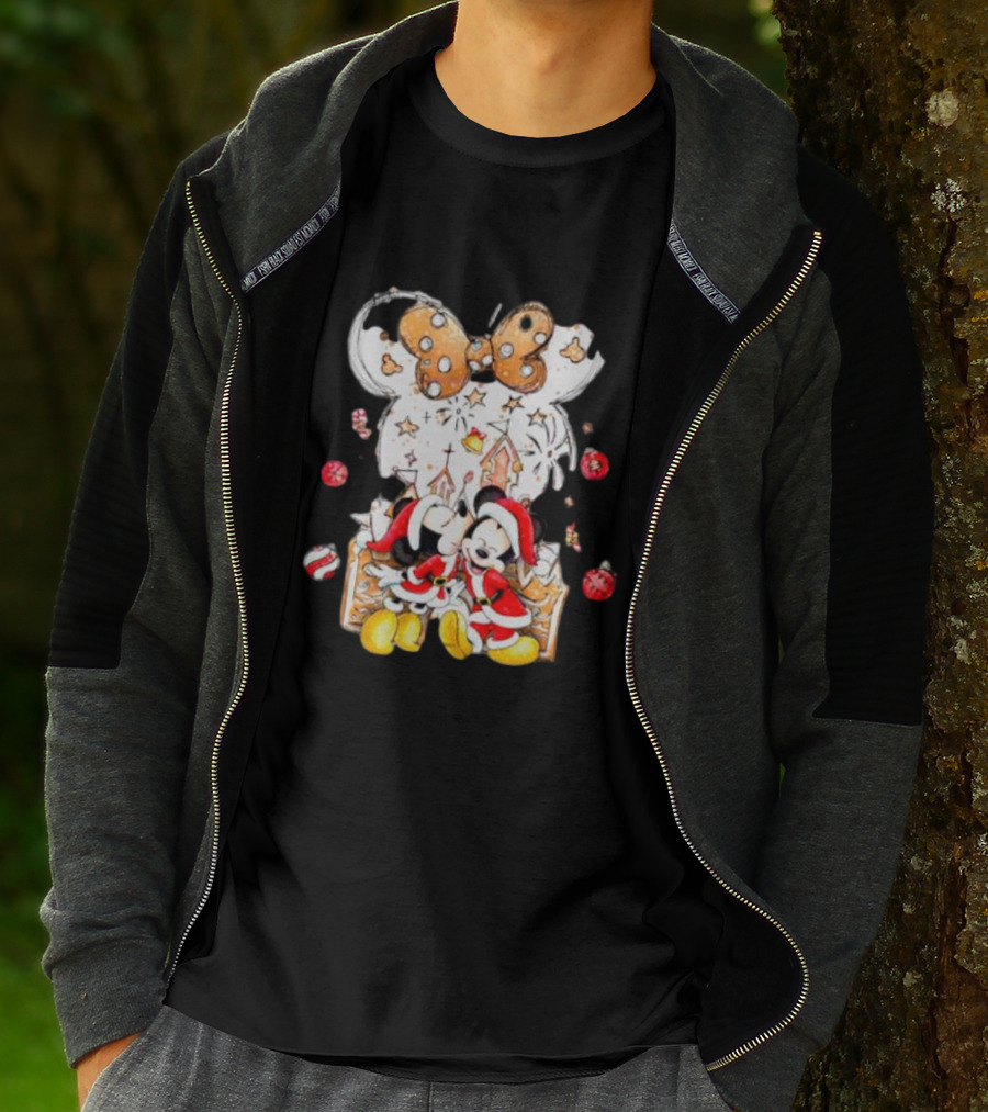 Mickey And Minnie Christmas Castle Gingerbread Mouse Ears Holiday Scene T-Shirt