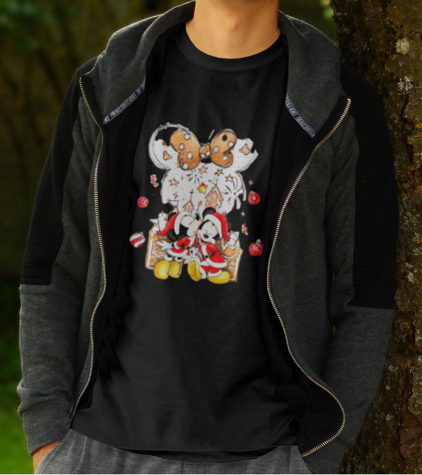 Mickey And Minnie Christmas Castle Gingerbread Mouse Ears Holiday Scene T-Shirt