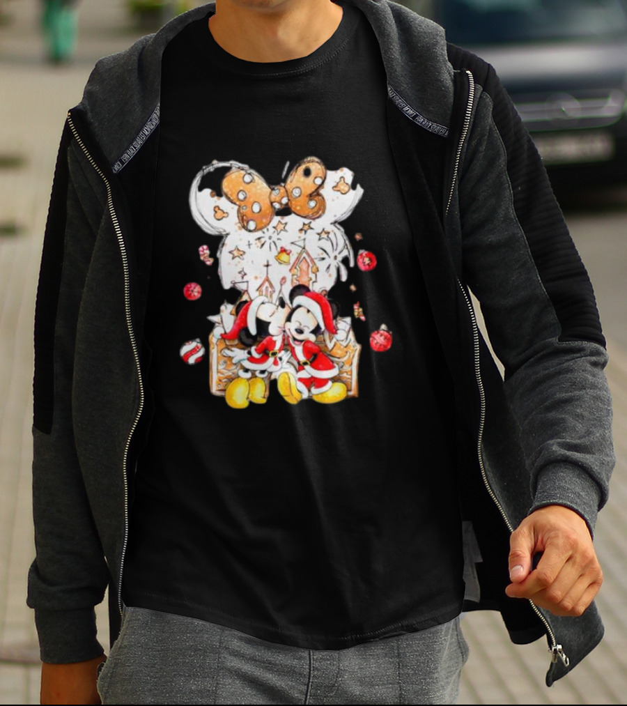 Mickey And Minnie Christmas Castle Gingerbread Mouse Ears Holiday Scene T-Shirt