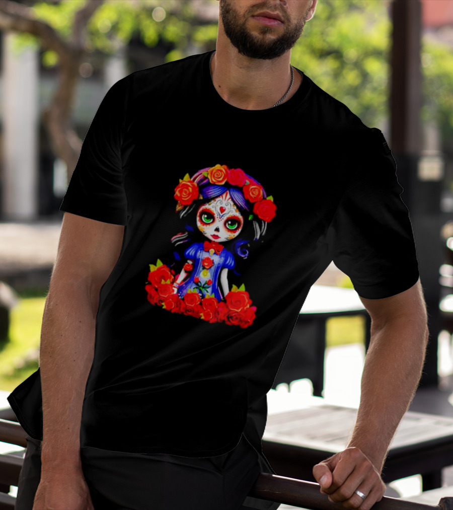 Women LA Catrina Day Of The Dead Floral Rose Adorned T-Shirt