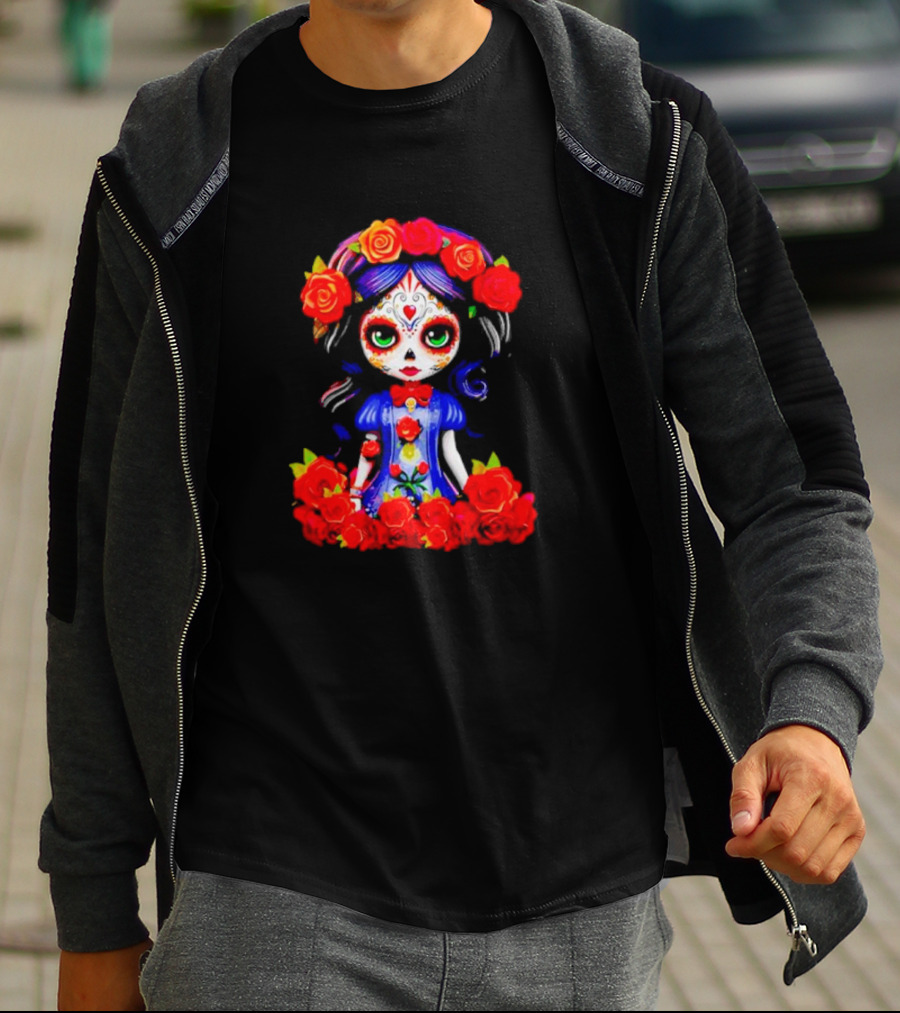 Women LA Catrina Day Of The Dead Floral Rose Adorned T-Shirt