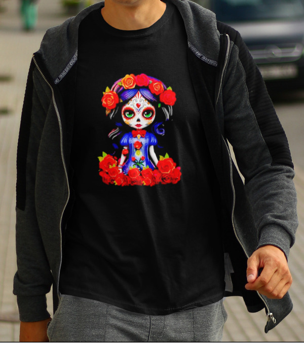 Women LA Catrina Day Of The Dead Floral Rose Adorned T-Shirt