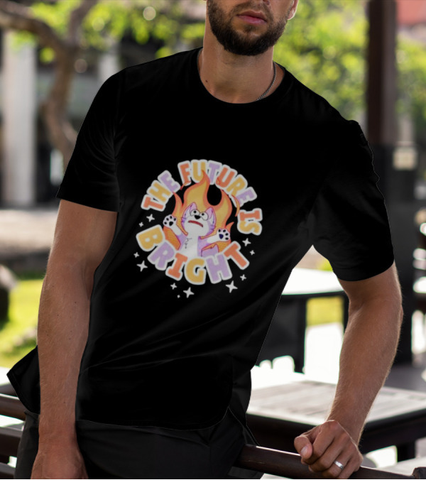 The Future Is Bright Flaming Cartoon Cat With Stars And Flames T-Shirt