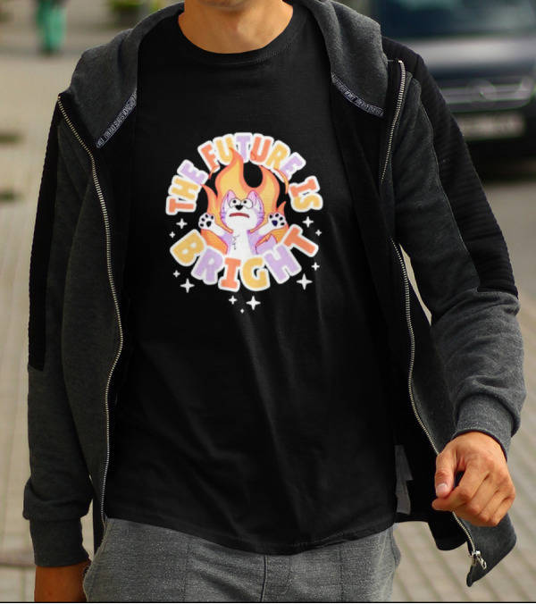 The Future Is Bright Flaming Cartoon Cat With Stars And Flames T-Shirt