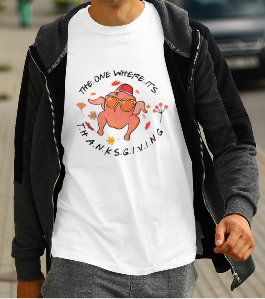 Thanksgiving Friends Turkey In Sunglasses With Fez Hat And Autumn Leaves T-Shirt