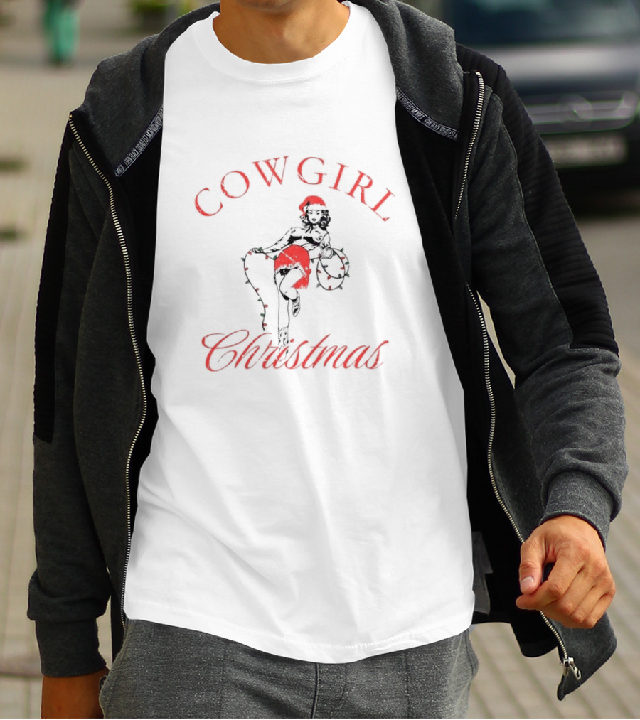 Cowgirl Christmas Santa Hat Festive Lights Retro Pin-Up T-Shirt
