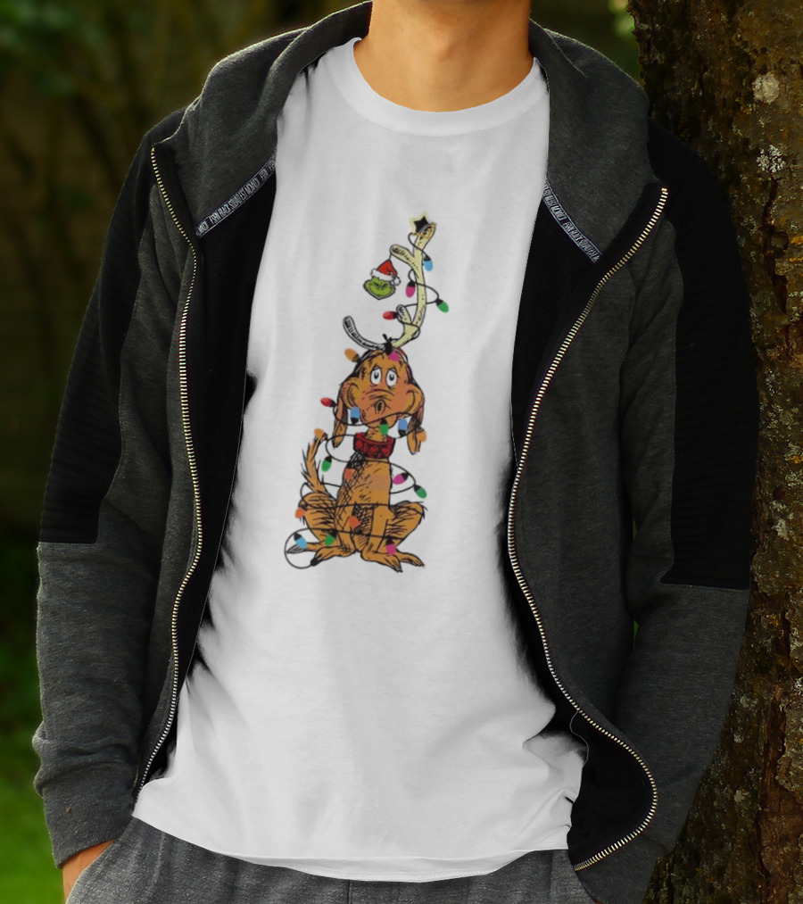Funny Grinch Christmas Lights With Dog Wrapped In Colorful String Of Lights T-Shirt