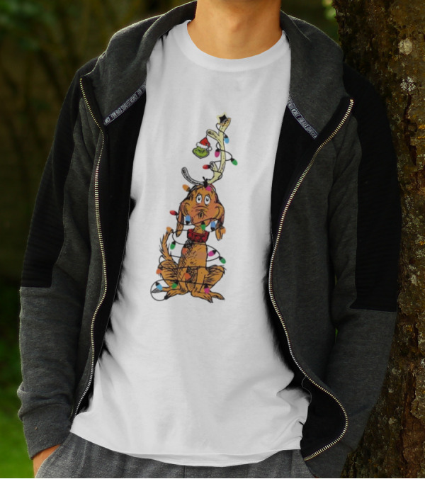 Funny Grinch Christmas Lights With Dog Wrapped In Colorful String Of Lights T-Shirt