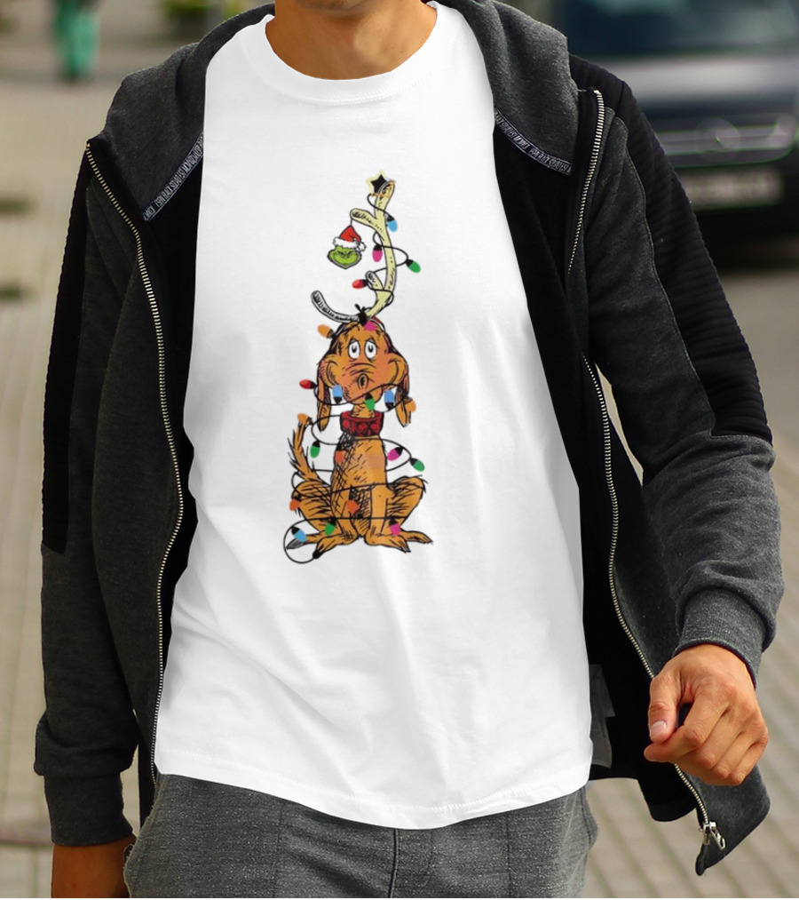 Funny Grinch Christmas Lights With Dog Wrapped In Colorful String Of Lights T-Shirt