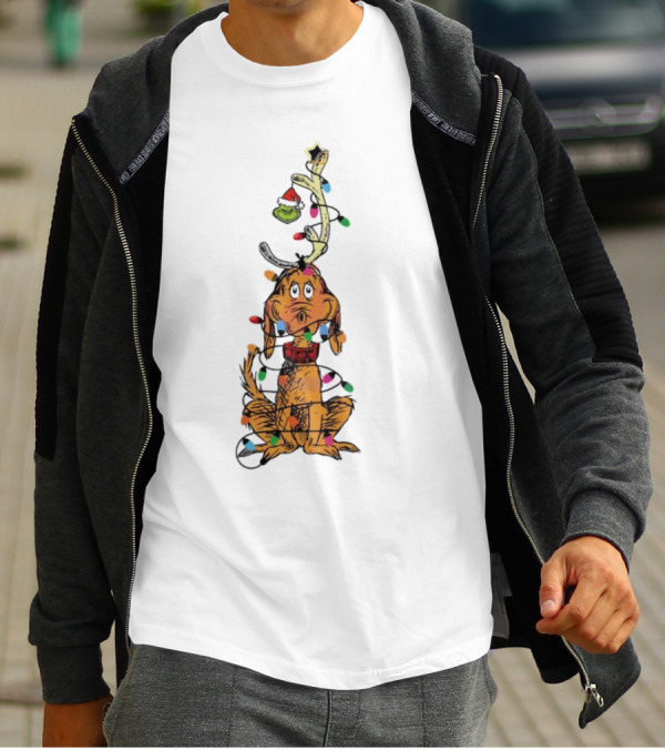 Funny Grinch Christmas Lights With Dog Wrapped In Colorful String Of Lights T-Shirt