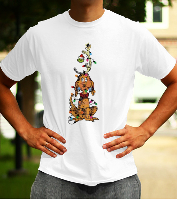 Funny Grinch Christmas Lights With Dog Wrapped In Colorful String Of Lights T-Shirt