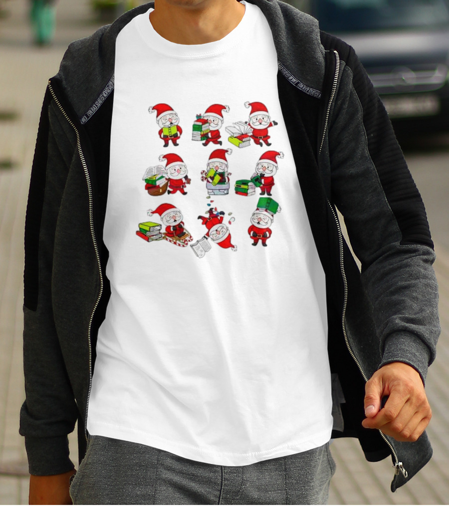 Funny Santa Claus Reading Books And Carrying Stacks In Various Poses T-Shirt