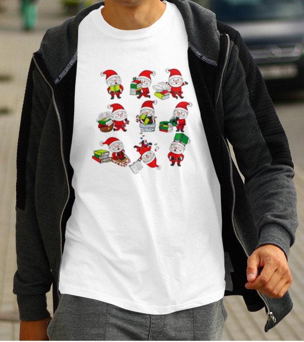Funny Santa Claus Reading Books And Carrying Stacks In Various Poses T-Shirt