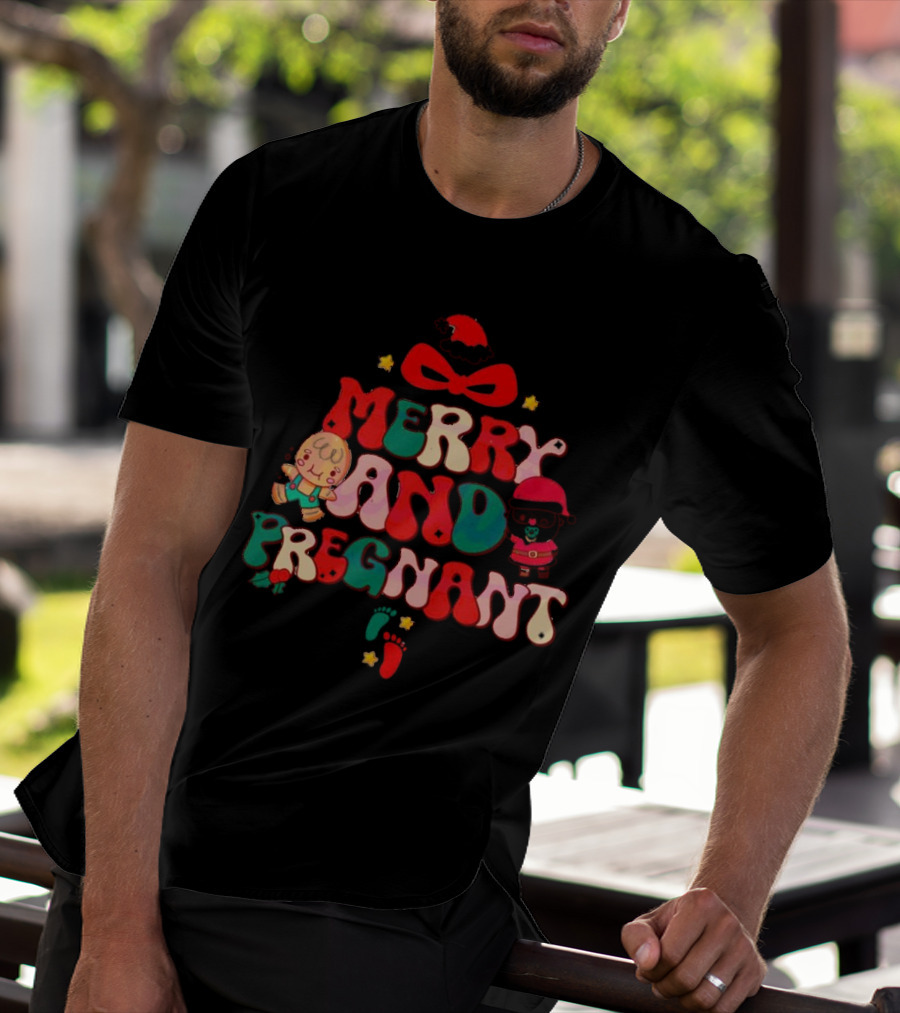 Merry And Pregnant Christmas Tree Baby Reveal With Santa Hat And Gingerbread People T-Shirt