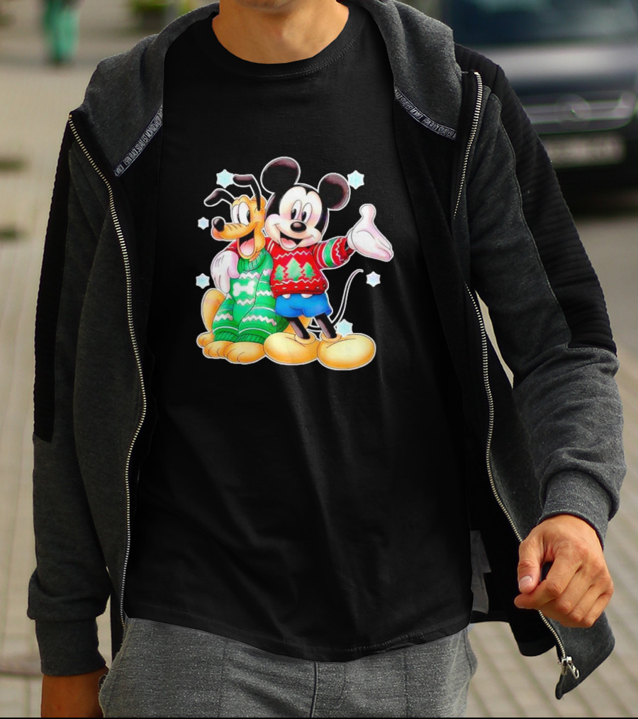 Mickey And Pluto Christmas Sweater Holiday Scene T-Shirt