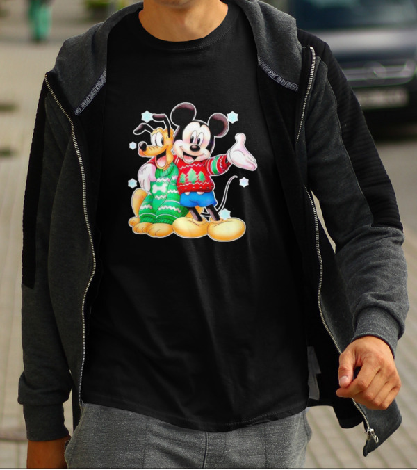 Mickey And Pluto Christmas Sweater Holiday Scene T-Shirt